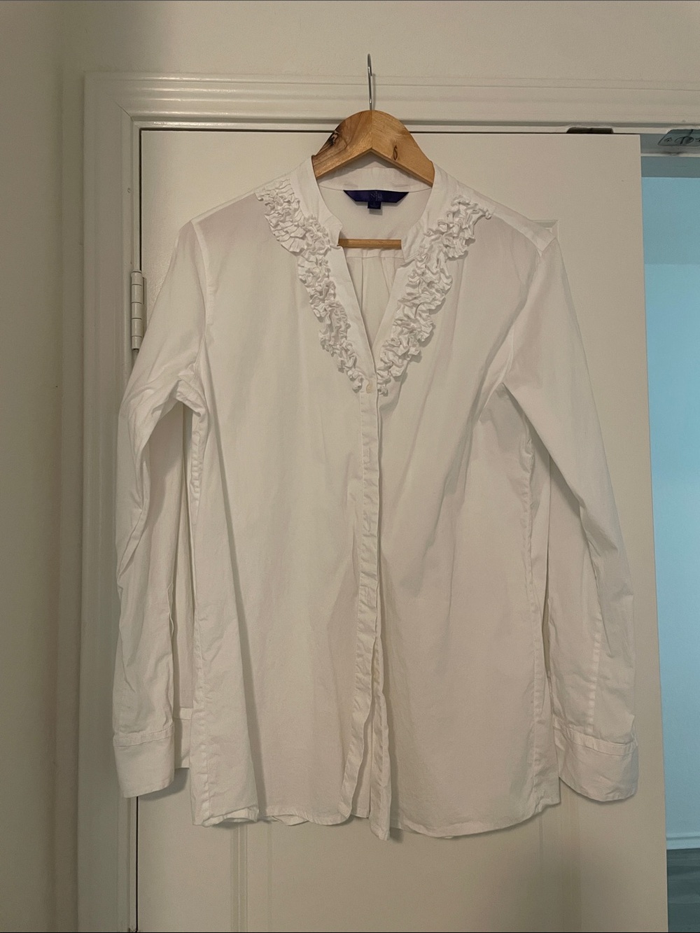 NYDJ White Ruffle-Trim Front Blouse Breathable Cotton Blend with Stretch size L